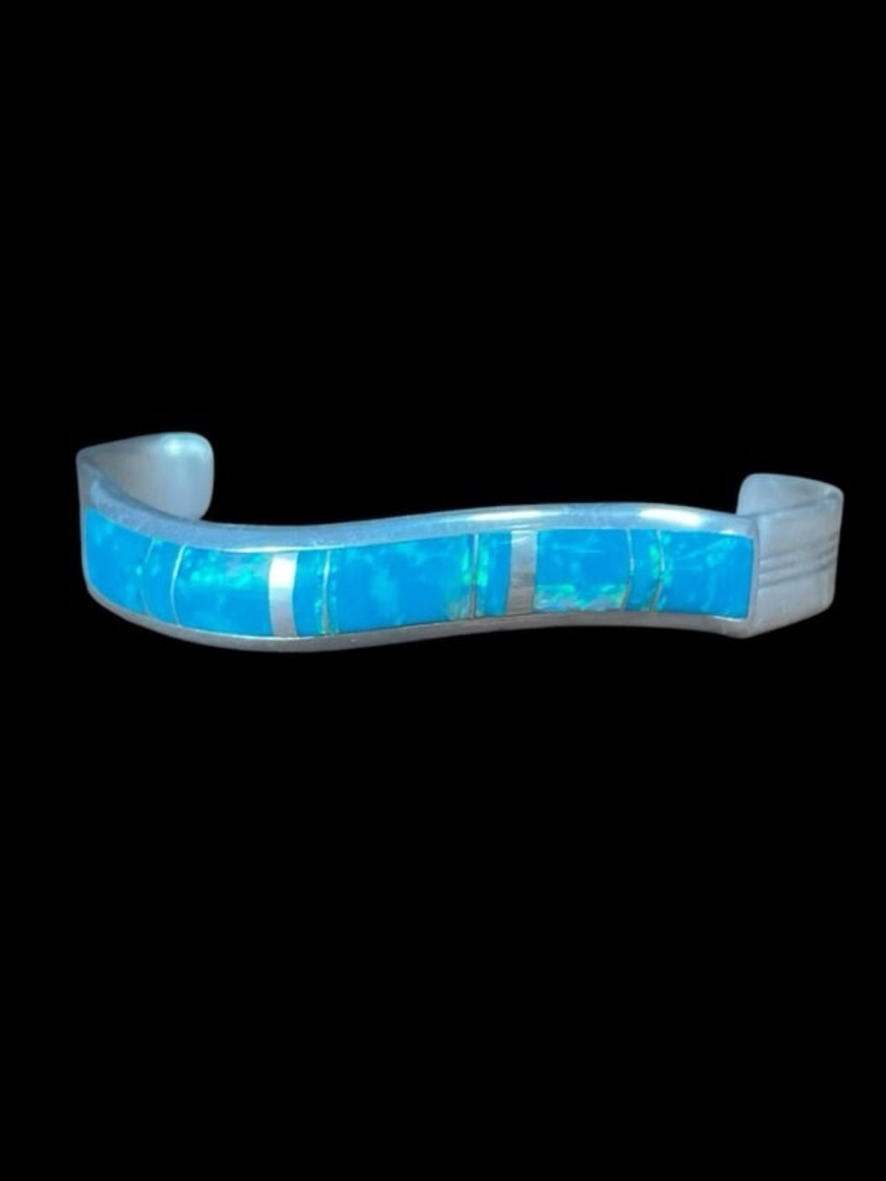 James Lee Native American Sterling Silver Blue Opal Inlay Cuff Bracelet